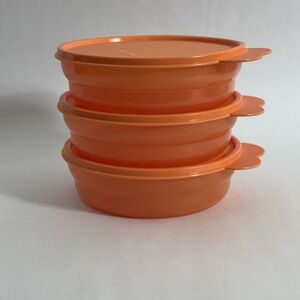 VTG Tupperware Impressions 6" Orange Cereal Bowls #2415 ~ Lot of  3~ With Lids ~